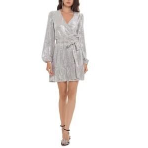 Betsy & Adam Sequin Fit and Flare Long Sleeve Mini Cocktail Dress Silver Size 8